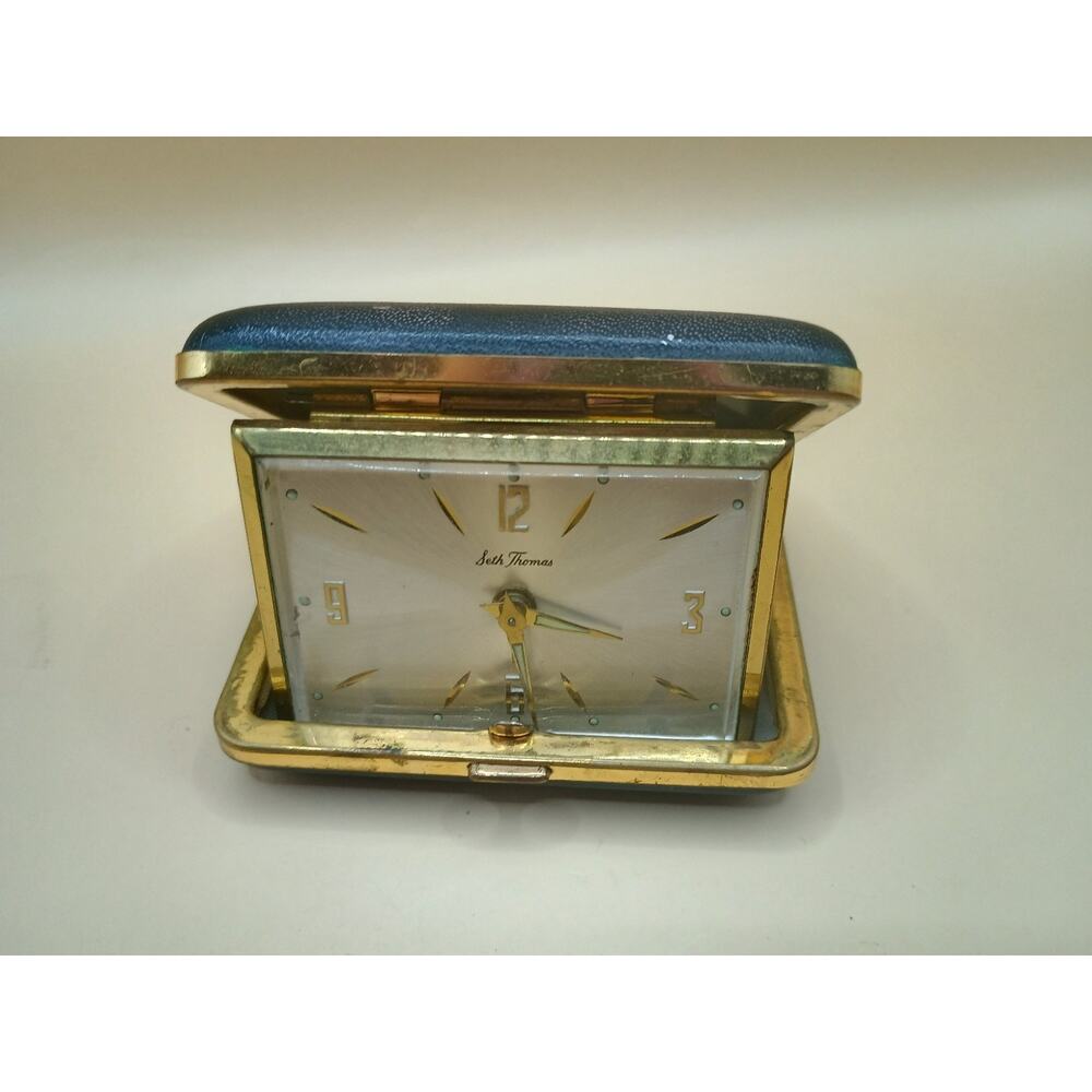 Vintage Seth Thomas Travel Alarm Clock, Germany, Gold Tone Folding Case, 3" Box